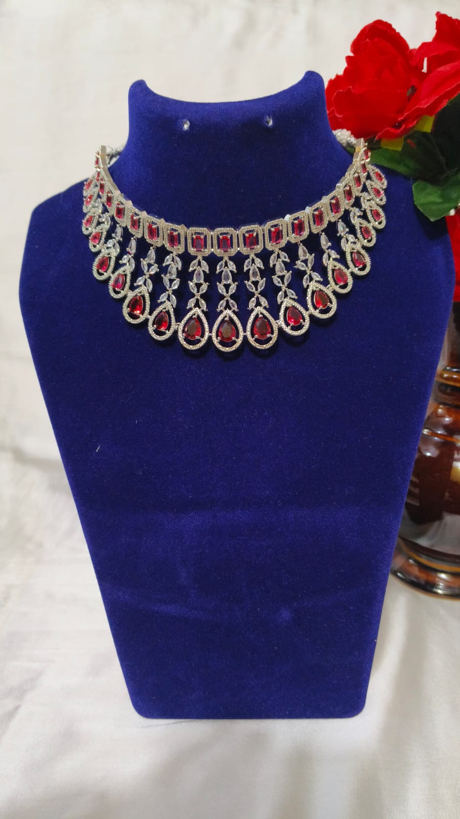 Red Stone Bridal Necklace Set with Earrings and Maang Tikka, Silver Tone, Statement Jewelry - Image 2