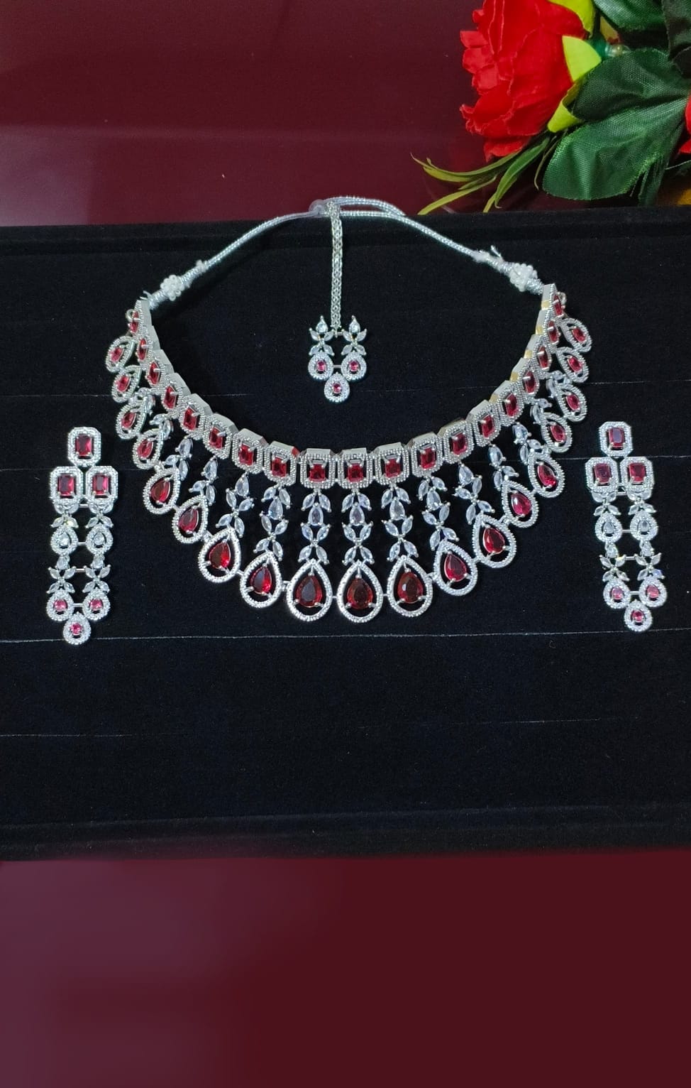 Red Stone Bridal Necklace Set with Earrings and Maang Tikka, Silver Tone, Statement Jewelry - Image 3