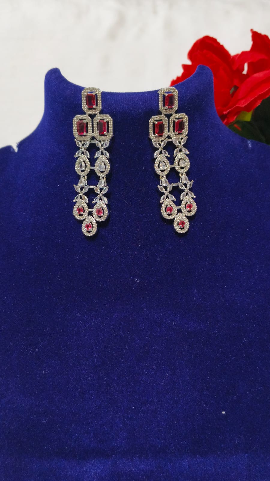 Red Stone Bridal Necklace Set with Earrings and Maang Tikka, Silver Tone, Statement Jewelry - Image 4