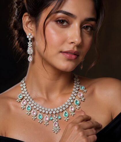 Luxury American Diamond Necklace with Pink and Aqua Blue Teardrop Stones, CZ Diamond Bordered Wedding Jewellery Set for Bridal Wear