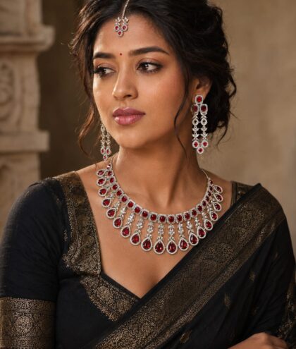 Red Stone Bridal Necklace Set with Earrings and Maang Tikka, Silver Tone, Statement Jewelry