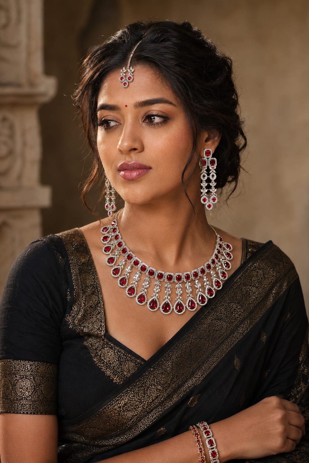 Red Stone Bridal Necklace Set with Earrings and Maang Tikka, Silver Tone, Statement Jewelry