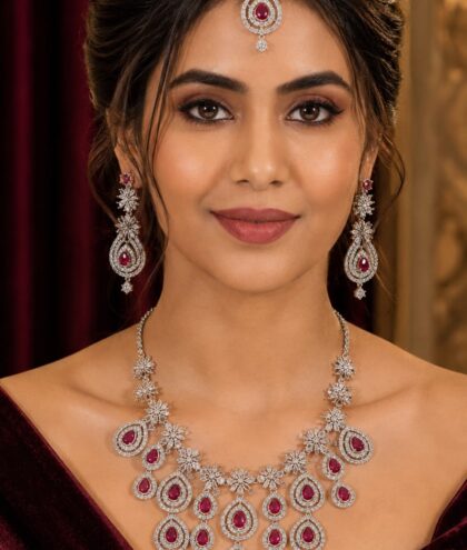 Elegant American Diamond Jewelry Set with Ruby Stones, Traditional Wedding Necklace, Earrings and Maang Tikka, Floral and Teardrop Design