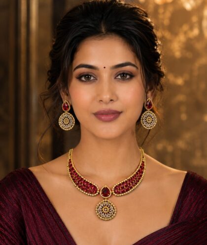 Shyam Designer Jewellers Brass Rhodium Gold, Ruby Red Jewel Set