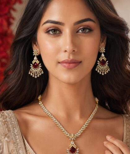 Royal Ruby American Diamond Necklace Set for Women | Gold Plated Elegant Jewellery