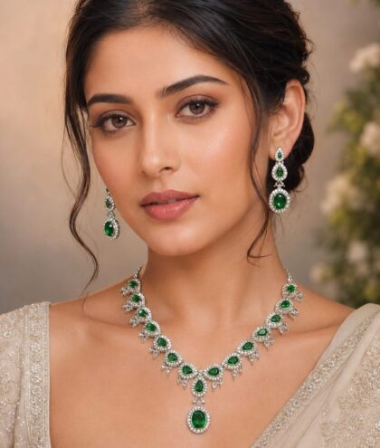 Emerald Green American Diamond Necklace Set with Earrings | Bridal & Party Wear Jewellery