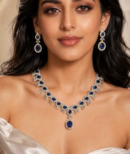Royal Blue American Diamond Necklace Set with Earrings | Designer Bridal Jewellery