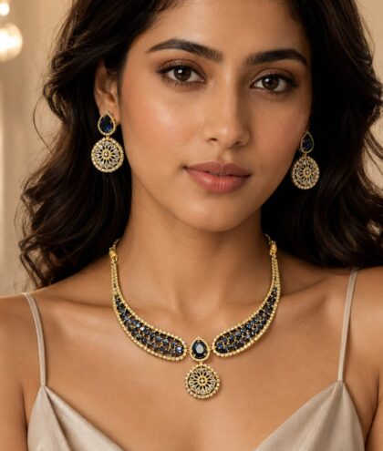 Royal Blue & Gold Designer Necklace Set with Earrings | Traditional Party Wear Jewellery