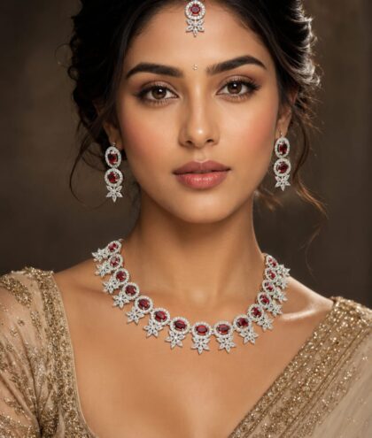 Ruby Red American Diamond Bridal Necklace Set with Maang Tikka | Wedding Jewellery