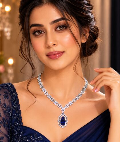 Royal Blue American Diamond Pendant Necklace Set | Elegant Party Wear Jewellery