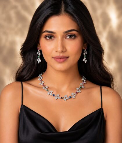 Elegant Multicolor Stone Floral Necklace & Earrings Set for Women | Premium Party Wear Jewellery