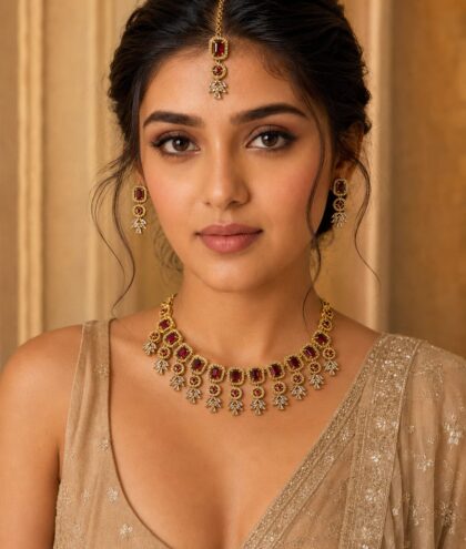 Ruby Red & Gold Bridal Choker Necklace Set with Maang Tikka | Traditional Wedding Jewellery