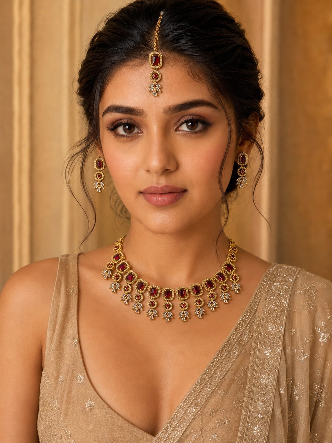 Ruby Red & Gold Bridal Choker Necklace Set with Maang Tikka | Traditional Wedding Jewellery