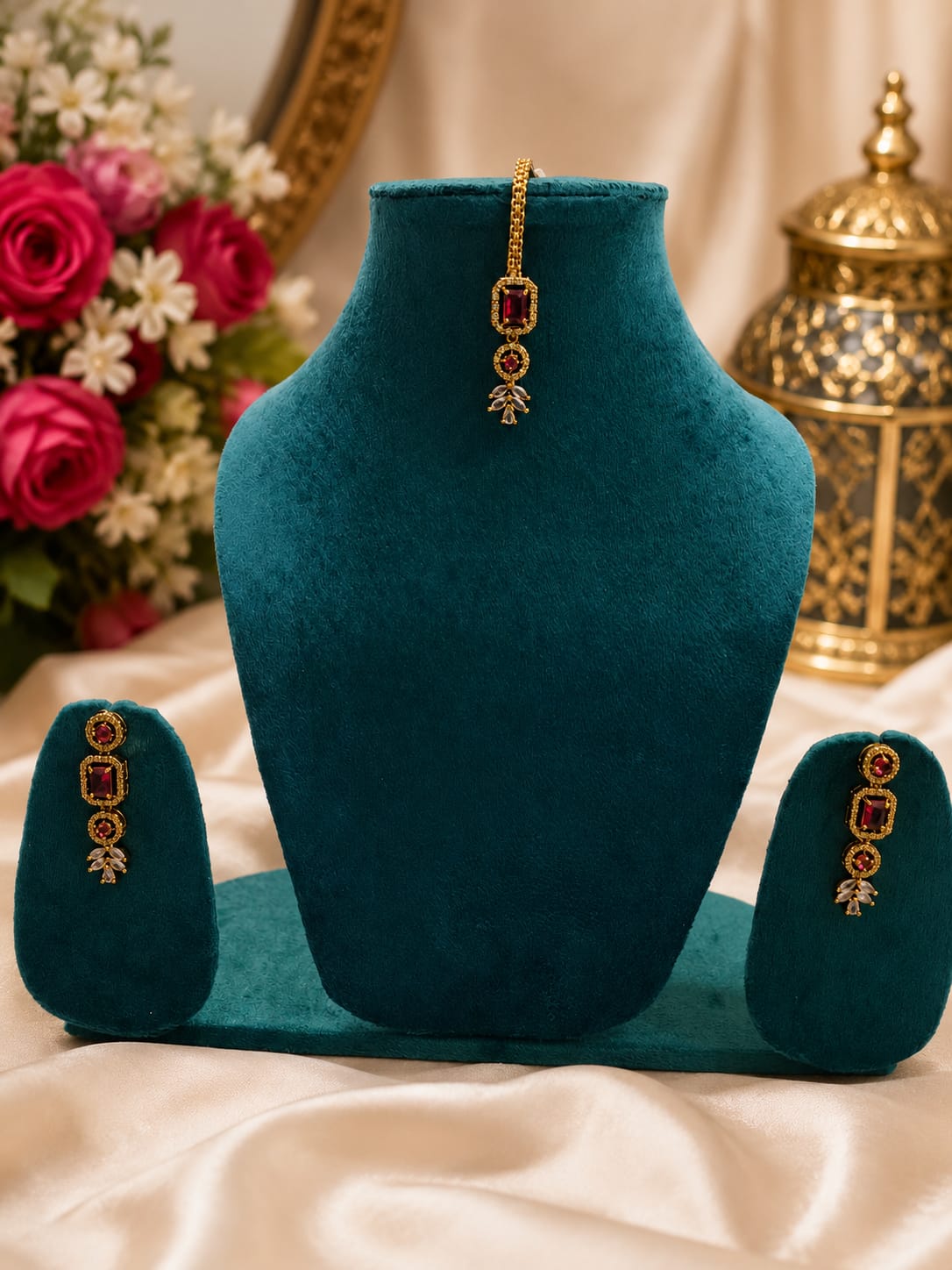 Ruby Red & Gold Bridal Choker Necklace Set with Maang Tikka | Traditional Wedding Jewellery - Image 4