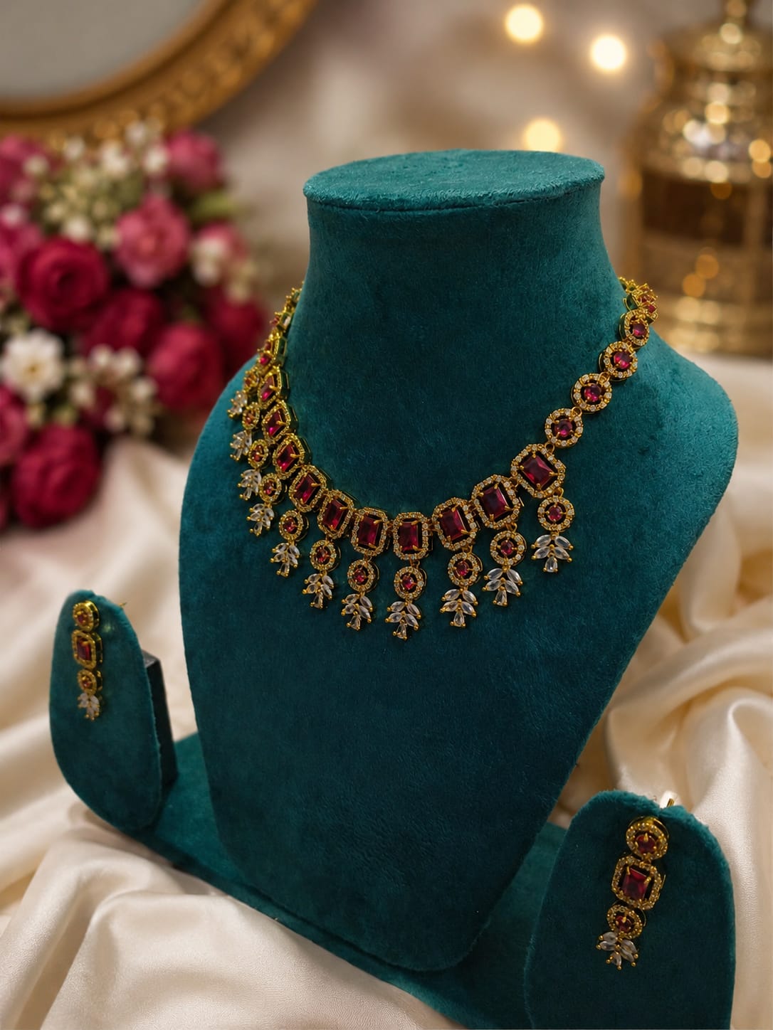 Ruby Red & Gold Bridal Choker Necklace Set with Maang Tikka | Traditional Wedding Jewellery - Image 3