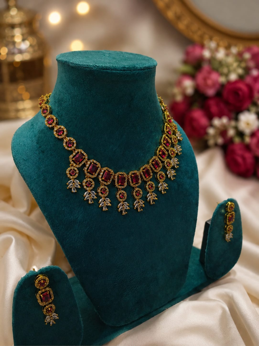 Ruby Red & Gold Bridal Choker Necklace Set with Maang Tikka | Traditional Wedding Jewellery - Image 2