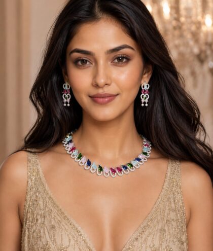 Multicolor American Diamond Necklace Set with Earrings | Designer Party Wear Jewellery