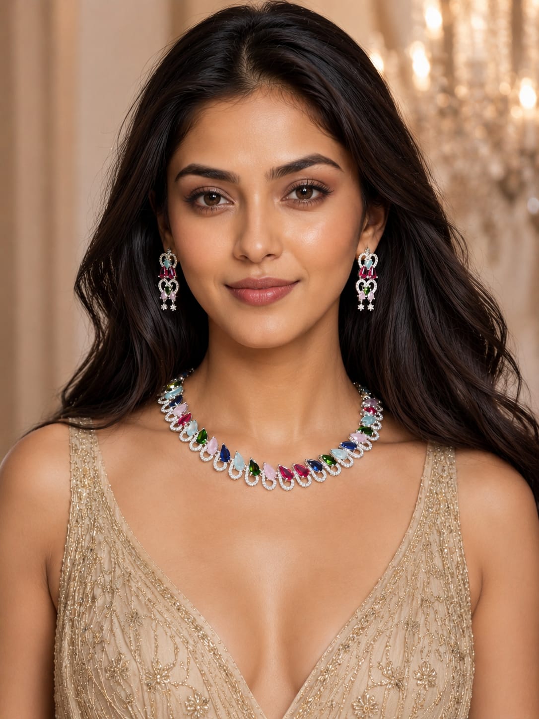 Multicolor American Diamond Necklace Set with Earrings | Designer Party Wear Jewellery