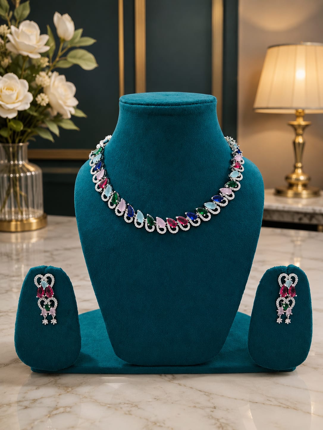 Multicolor American Diamond Necklace Set with Earrings | Designer Party Wear Jewellery - Image 3