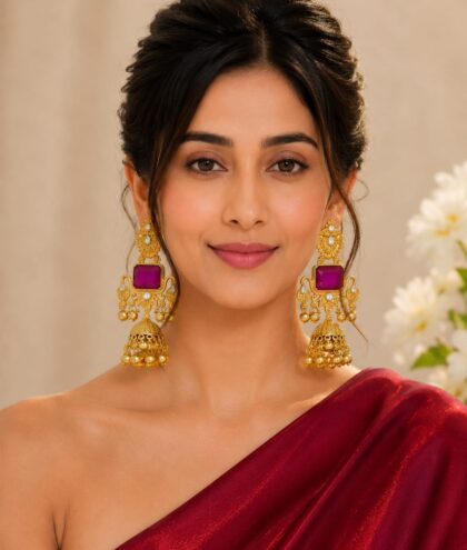Royal Ruby Kundan Jhumka Earrings for Women | Traditional Gold-Plated Ethnic Statement Earrings