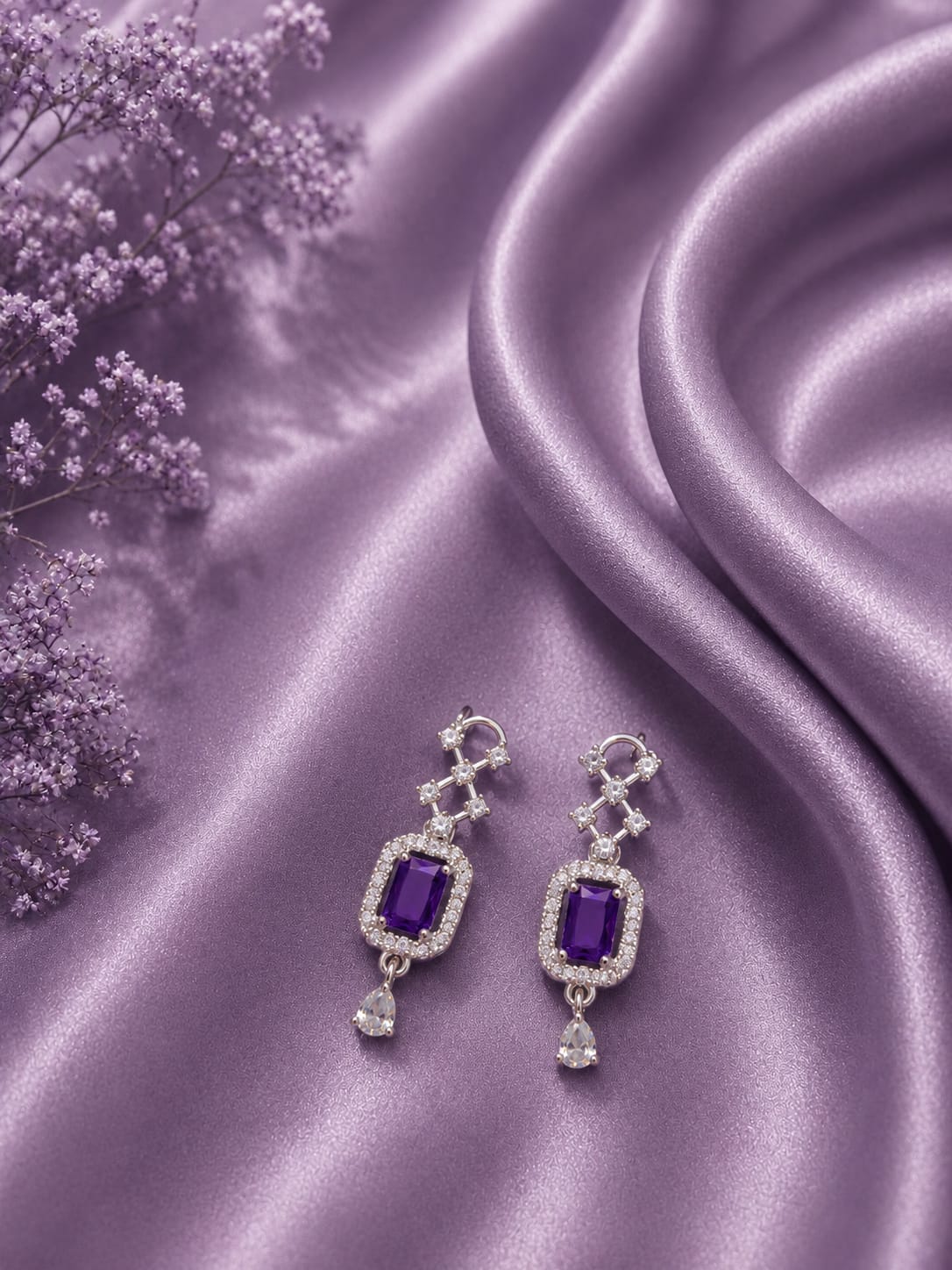 Elegant Purple American Diamond Necklace Set with Matching Earrings | Bridal & Party Wear Jewellery - Image 4