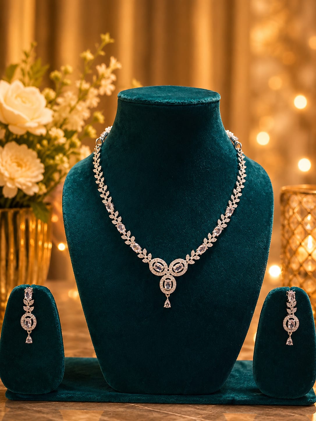 Luxury American Diamond Leaf Design Necklace Set with Matching Earrings | Silver-Plated Bridal Jewellery - Image 2