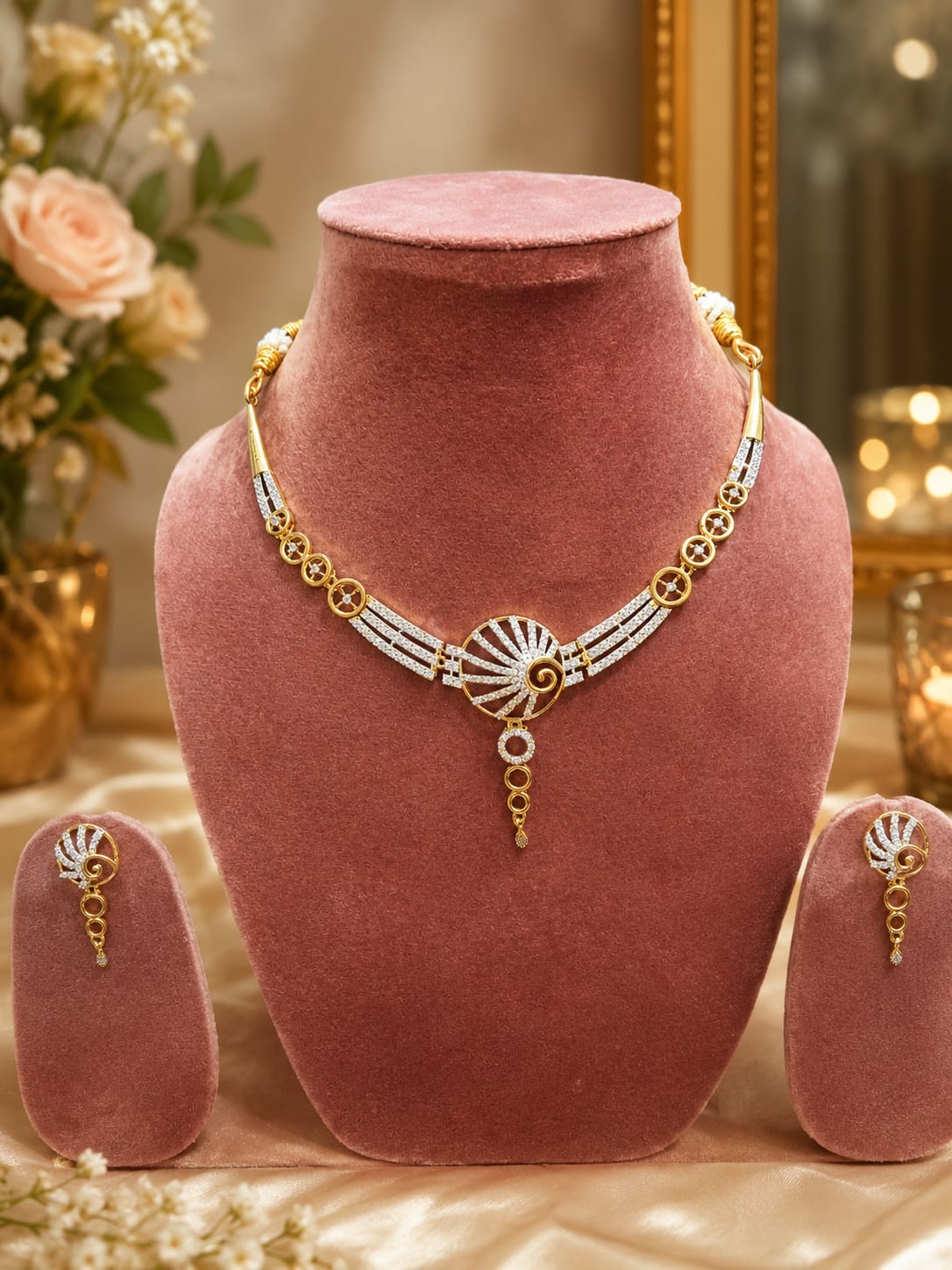 Elegant Gold & American Diamond Necklace Set with Matching Earrings | Designer Party Wear Jewellery - Image 2