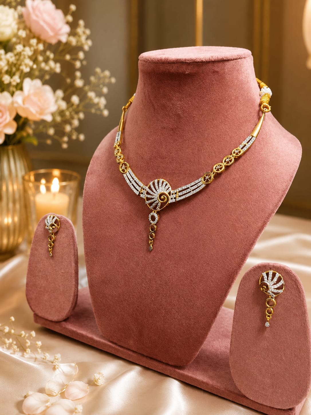 Elegant Gold & American Diamond Necklace Set with Matching Earrings | Designer Party Wear Jewellery - Image 3