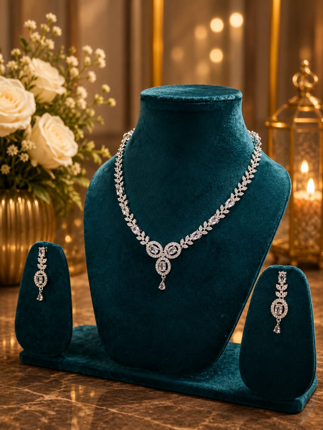 Luxury American Diamond Leaf Design Necklace Set with Matching Earrings | Silver-Plated Bridal Jewellery - Image 3