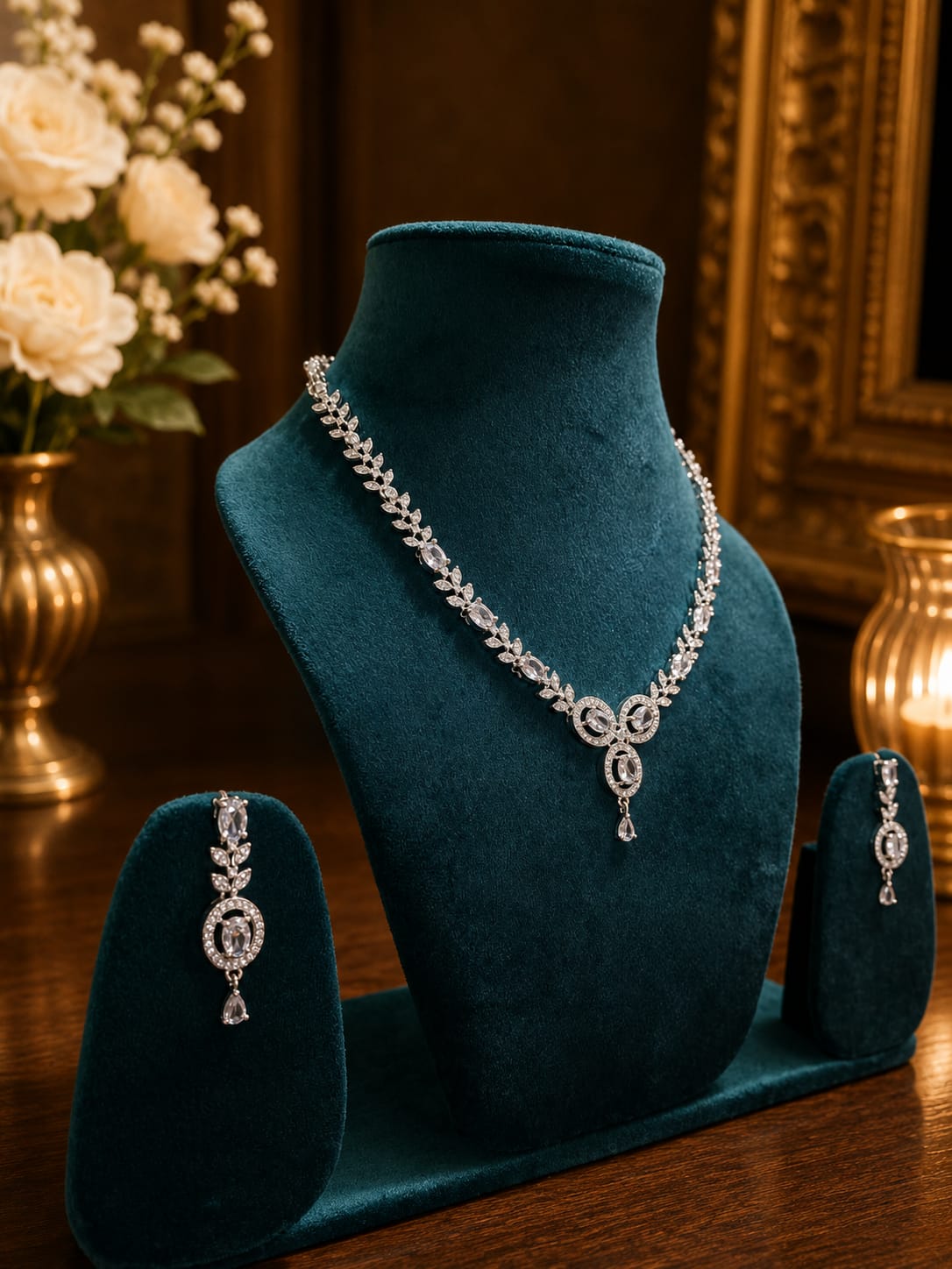 Luxury American Diamond Leaf Design Necklace Set with Matching Earrings | Silver-Plated Bridal Jewellery - Image 4