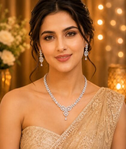 Luxury American Diamond Leaf Design Necklace Set with Matching Earrings | Silver-Plated Bridal Jewellery