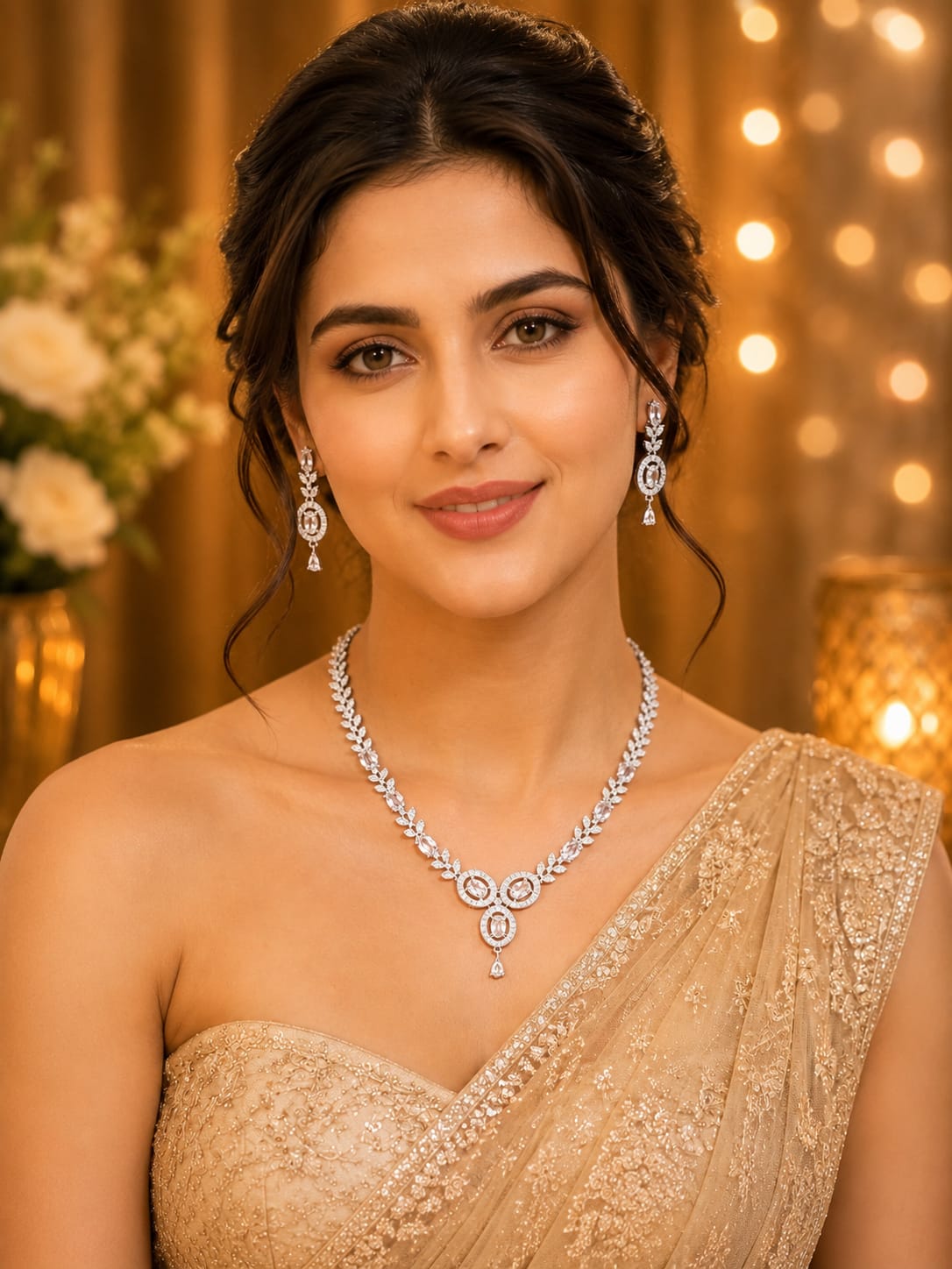 Luxury American Diamond Leaf Design Necklace Set with Matching Earrings | Silver-Plated Bridal Jewellery