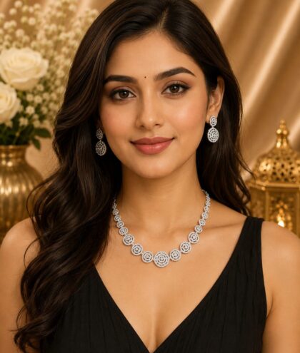 Elegant Silver American Diamond Necklace Set with Matching Earrings | Designer Party Wear Jewellery