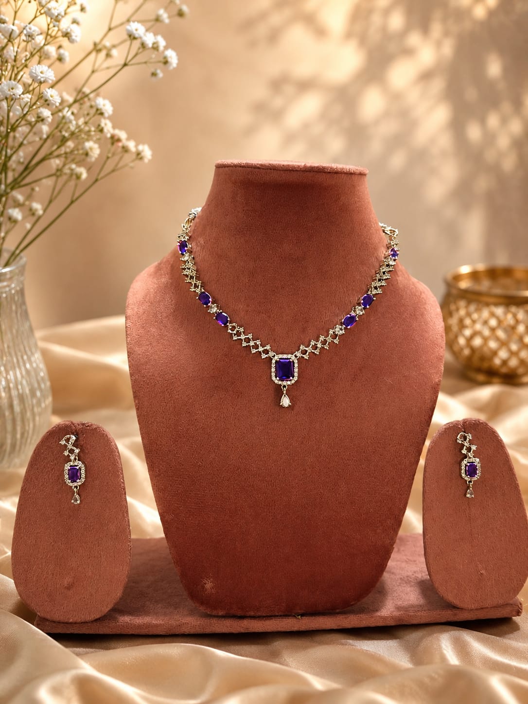 Elegant Purple American Diamond Necklace Set with Matching Earrings | Bridal & Party Wear Jewellery - Image 2