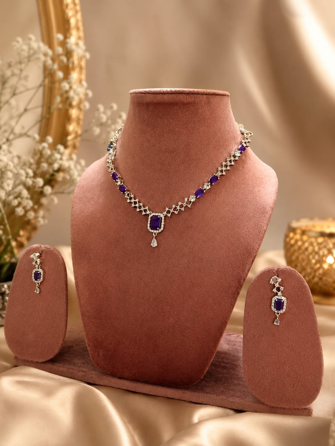 Elegant Purple American Diamond Necklace Set with Matching Earrings | Bridal & Party Wear Jewellery - Image 3