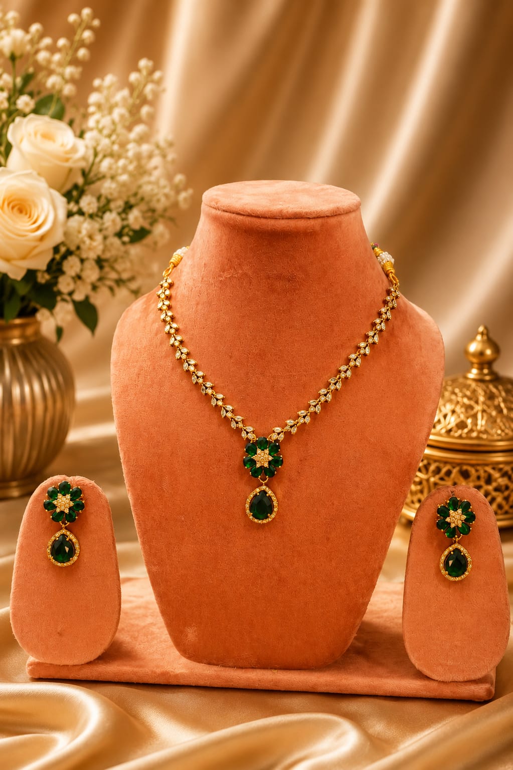 Premium American Diamond Green Stone Necklace Set with Matching Earrings | Wedding & Party Wear Jewellery - Image 2