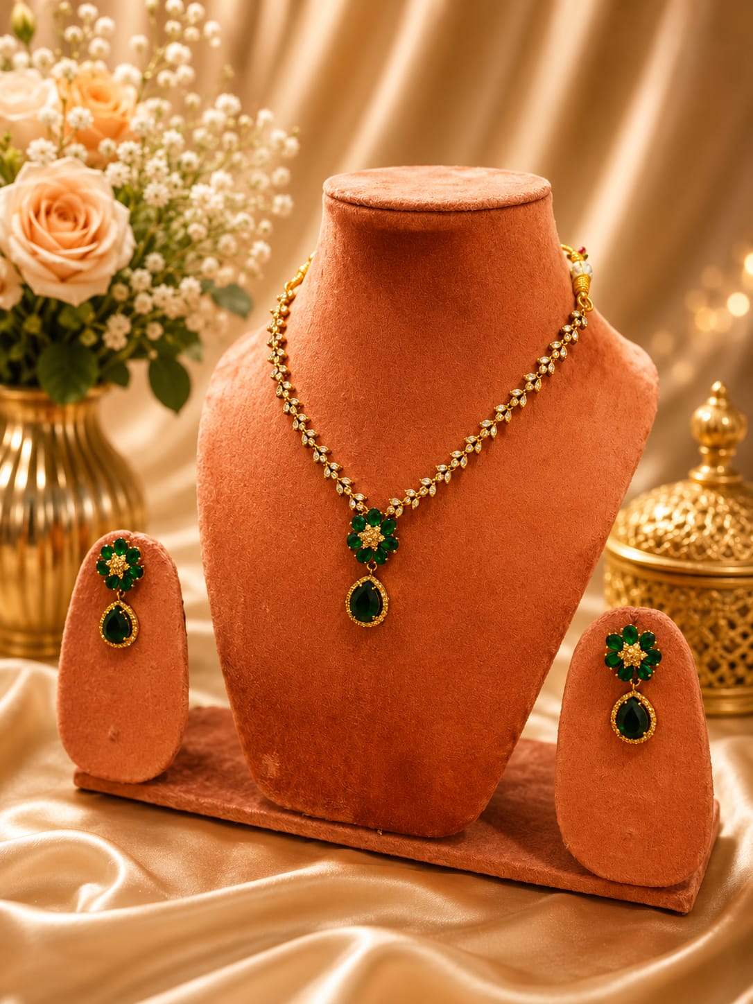 Premium American Diamond Green Stone Necklace Set with Matching Earrings | Wedding & Party Wear Jewellery - Image 3