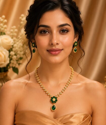Premium American Diamond Green Stone Necklace Set with Matching Earrings | Wedding & Party Wear Jewellery