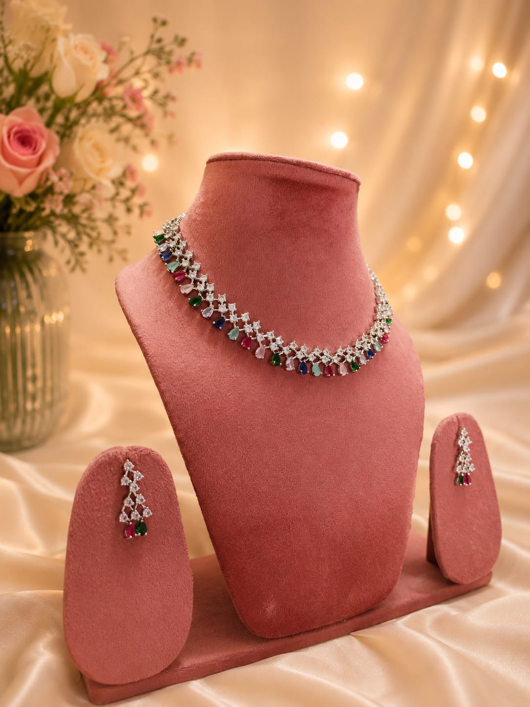 Premium American Diamond Multicolor Stone Necklace Set with Matching Earrings | Designer Party & Wedding Jewellery - Image 4