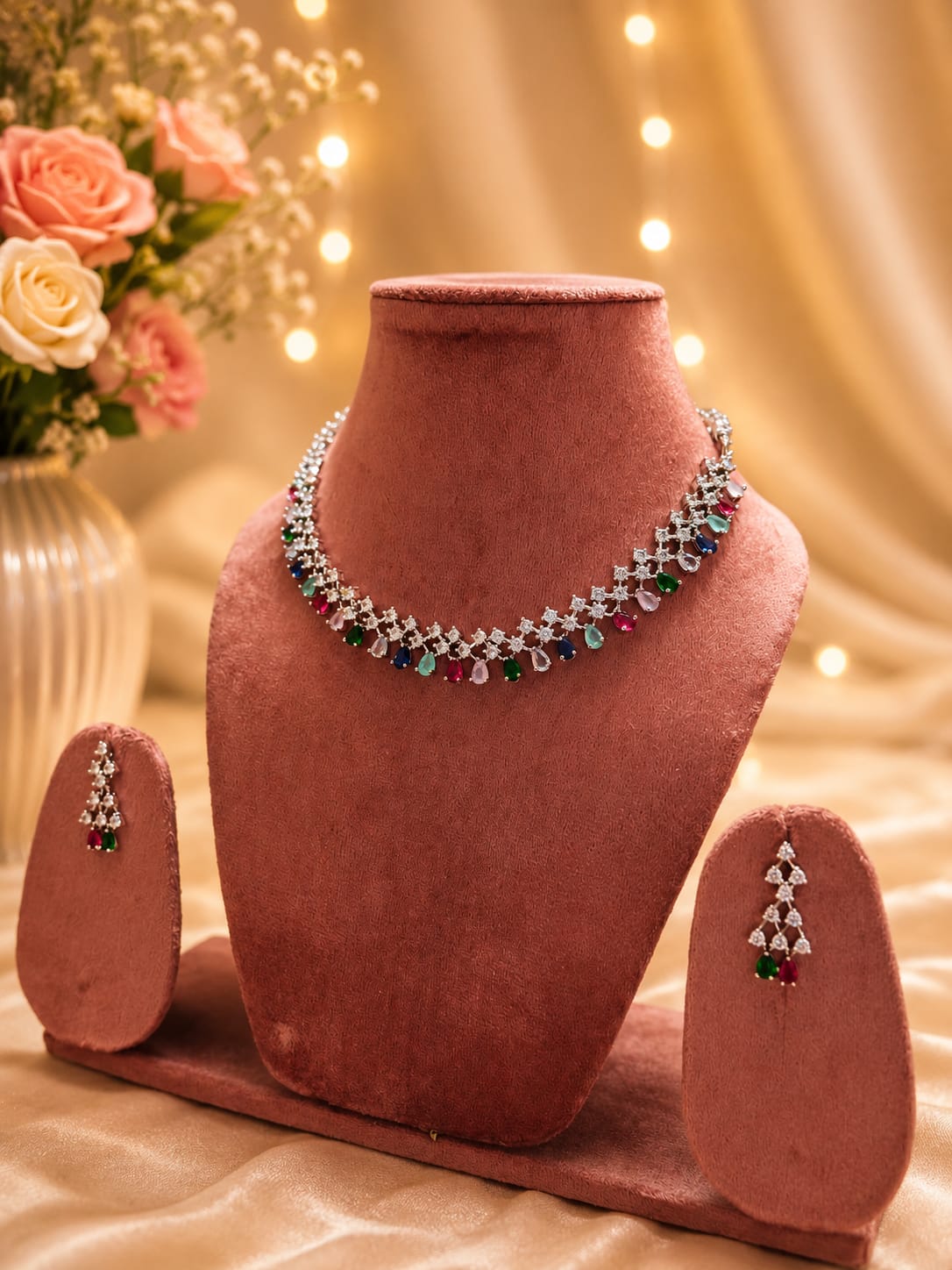 Premium American Diamond Multicolor Stone Necklace Set with Matching Earrings | Designer Party & Wedding Jewellery - Image 3