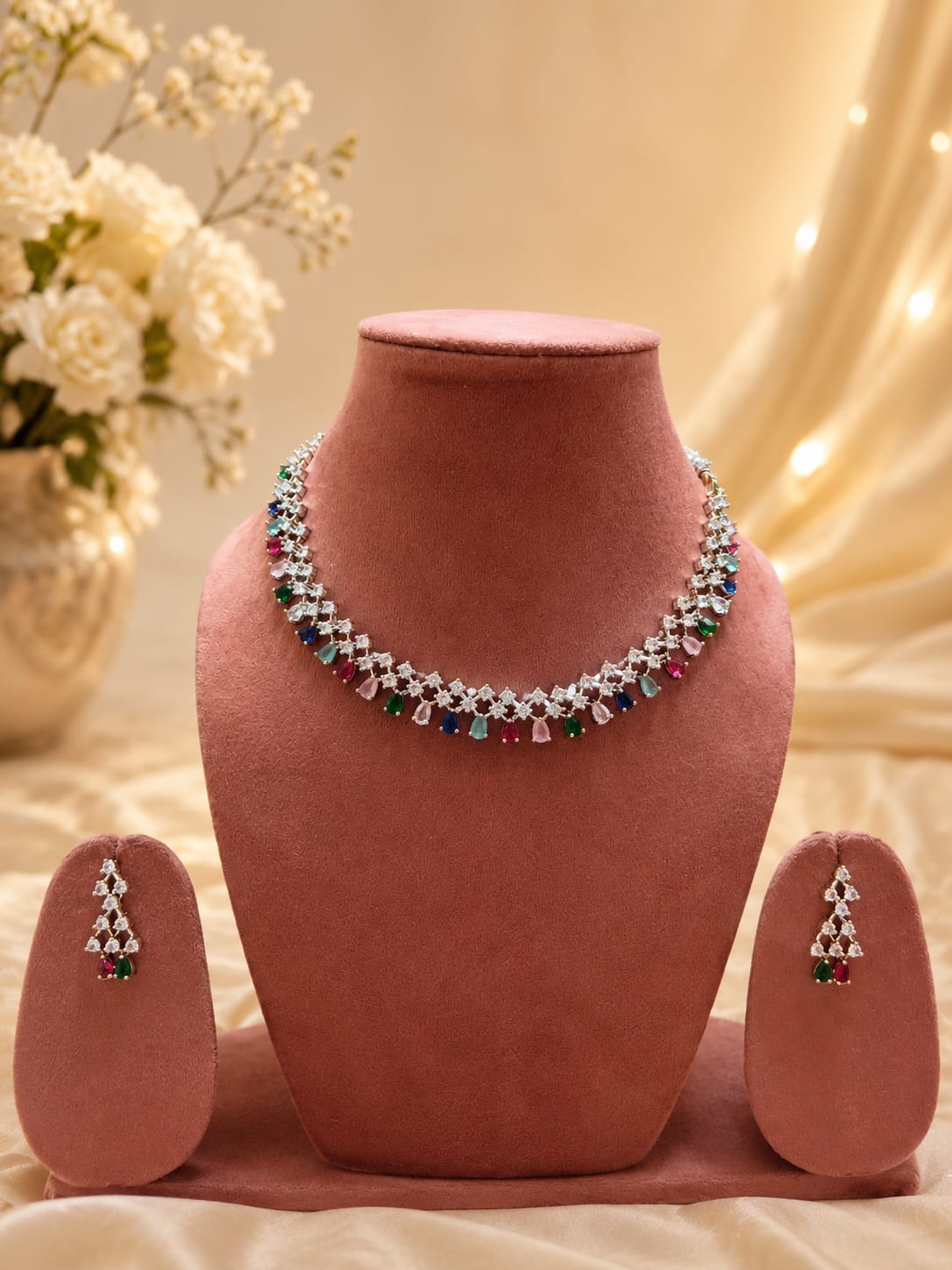 Premium American Diamond Multicolor Stone Necklace Set with Matching Earrings | Designer Party & Wedding Jewellery - Image 2