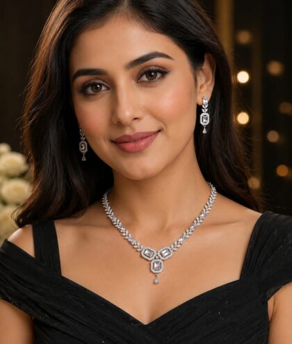 Luxury American Diamond Necklace Set with Matching Earrings | Premium AD Jewellery for Women