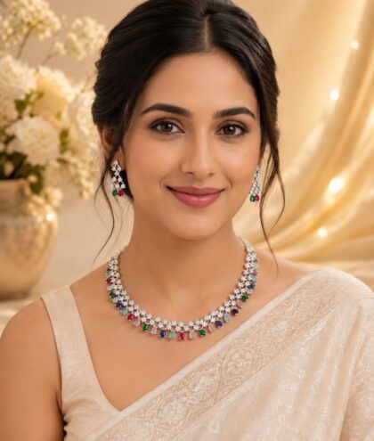 Premium American Diamond Multicolor Stone Necklace Set with Matching Earrings | Designer Party & Wedding Jewellery
