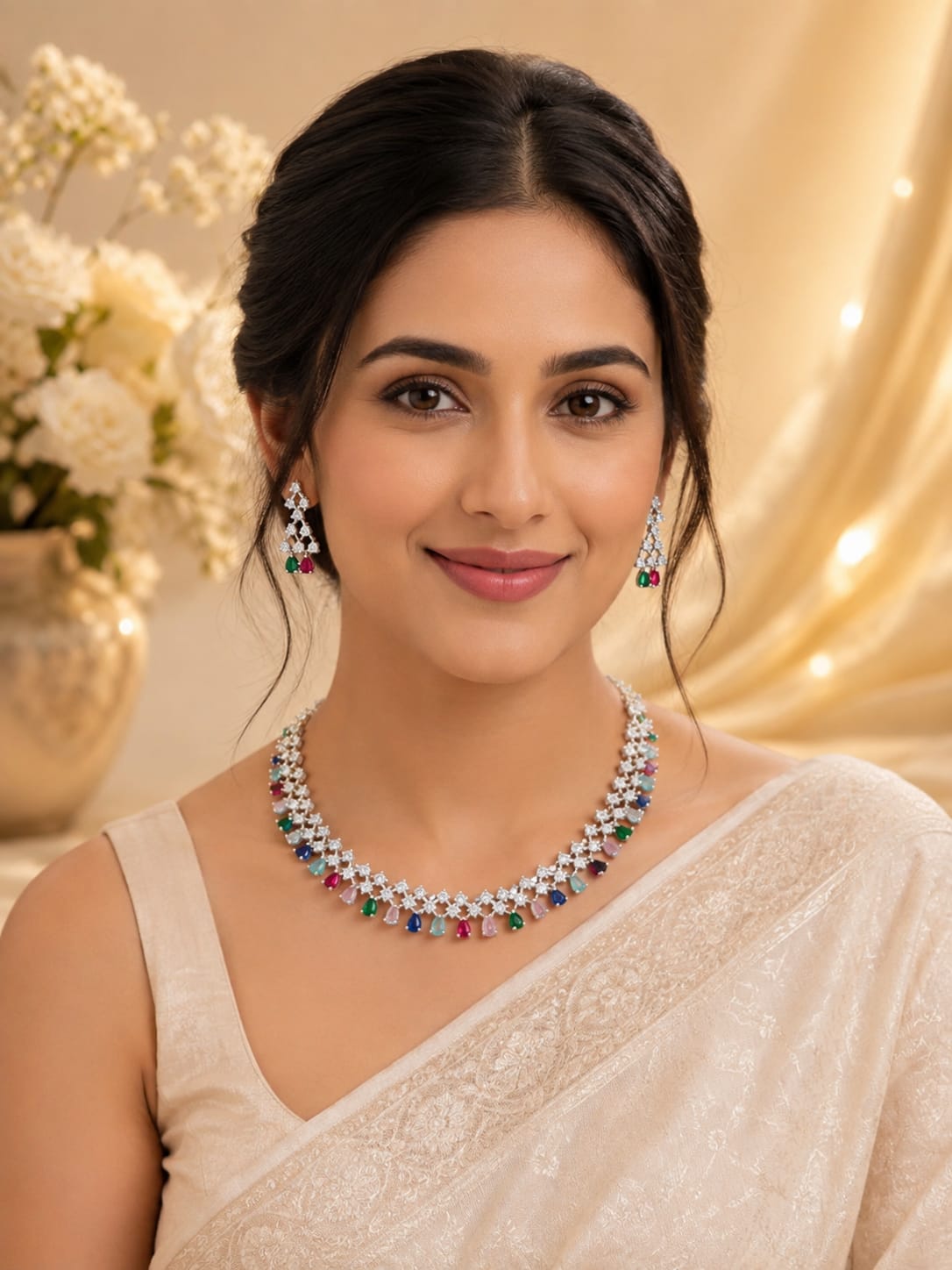 Premium American Diamond Multicolor Stone Necklace Set with Matching Earrings | Designer Party & Wedding Jewellery