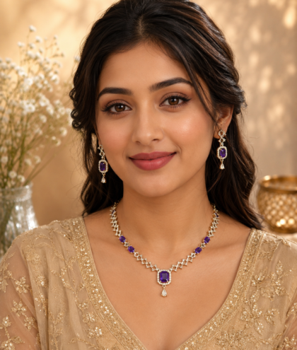 Elegant Purple American Diamond Necklace Set with Matching Earrings | Bridal & Party Wear Jewellery