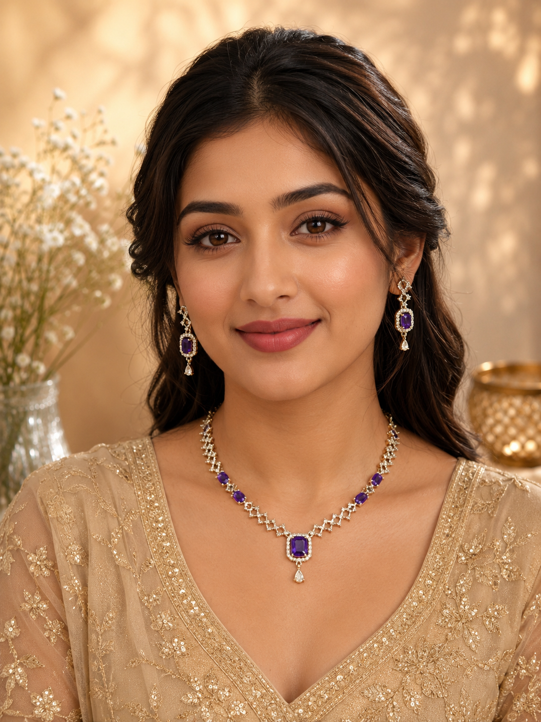 Elegant Purple American Diamond Necklace Set with Matching Earrings | Bridal & Party Wear Jewellery
